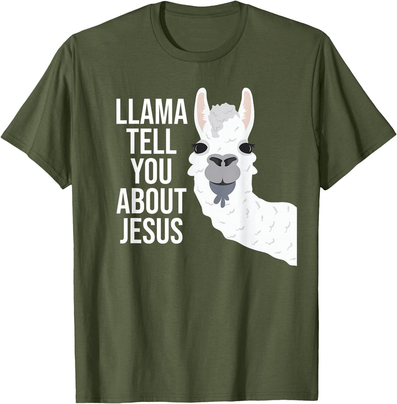 BDAZ Llama Tell You About Jesus Funny Christian Bible Gospel T-Shirt - Olive Green
