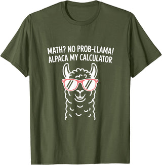 Pun Llama Animal Math Teacher Math No Prob llama Alpaca My Calculator Funny Pun Teacher T-Shirt - Olive Green