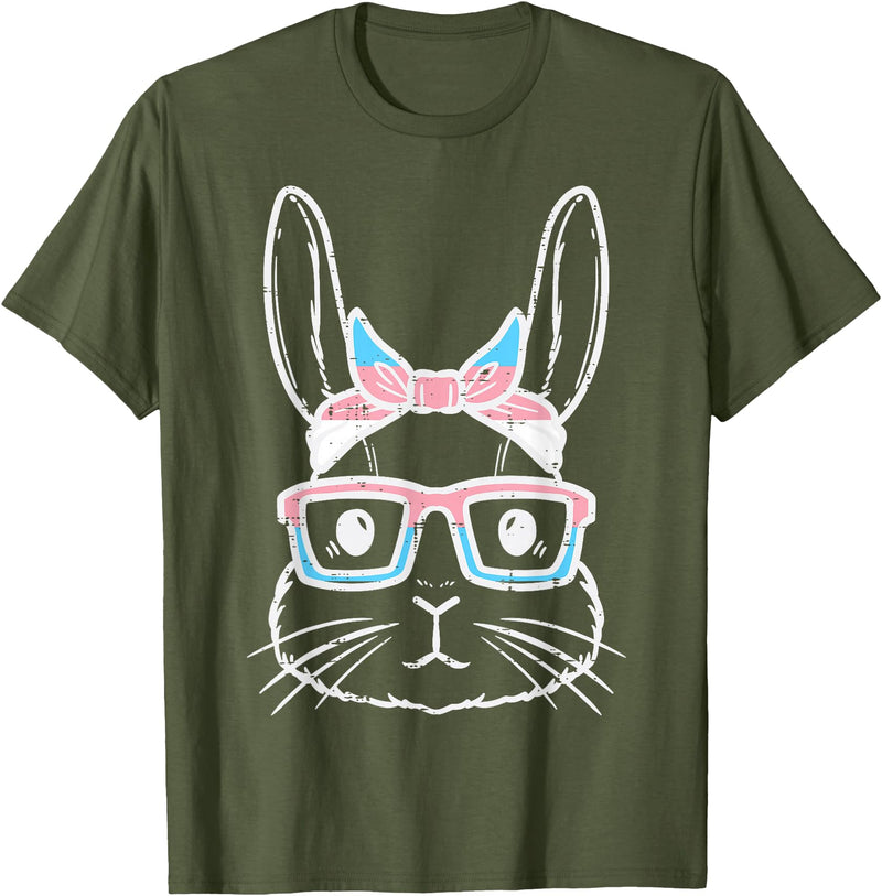 Bunny Rabbit Trans Bandana Glasses Esaster Transsexual Pride T-Shirt in Olive Green