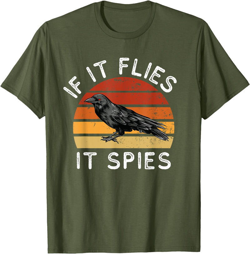 Funny If It Flies It Spies Clothing Co Vintage If It Flies It Spies Crow Bird Halloween T-Shirt - Olive Green
