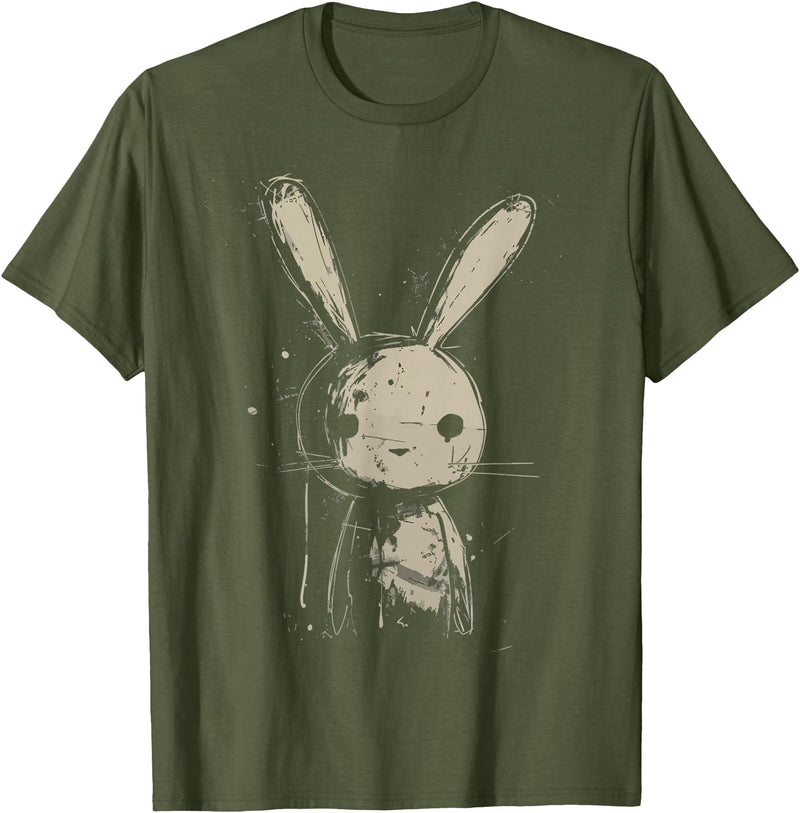 Grunge Bunny Creepy Cute Rabbit Goth Alt Scary Sad Aesthetic T-Shirt in Olive Green