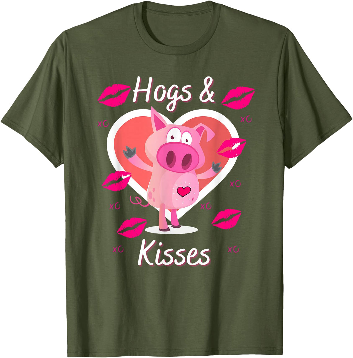 Love Heart Hogs & Kisses Funny Pig Pun on Hugs & Kisses T-Shirt - Olive Green