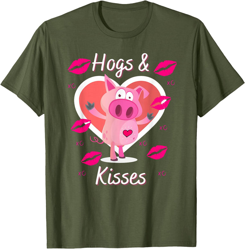 Love Heart Hogs & Kisses Funny Pig Pun on Hugs & Kisses T-Shirt - Olive Green