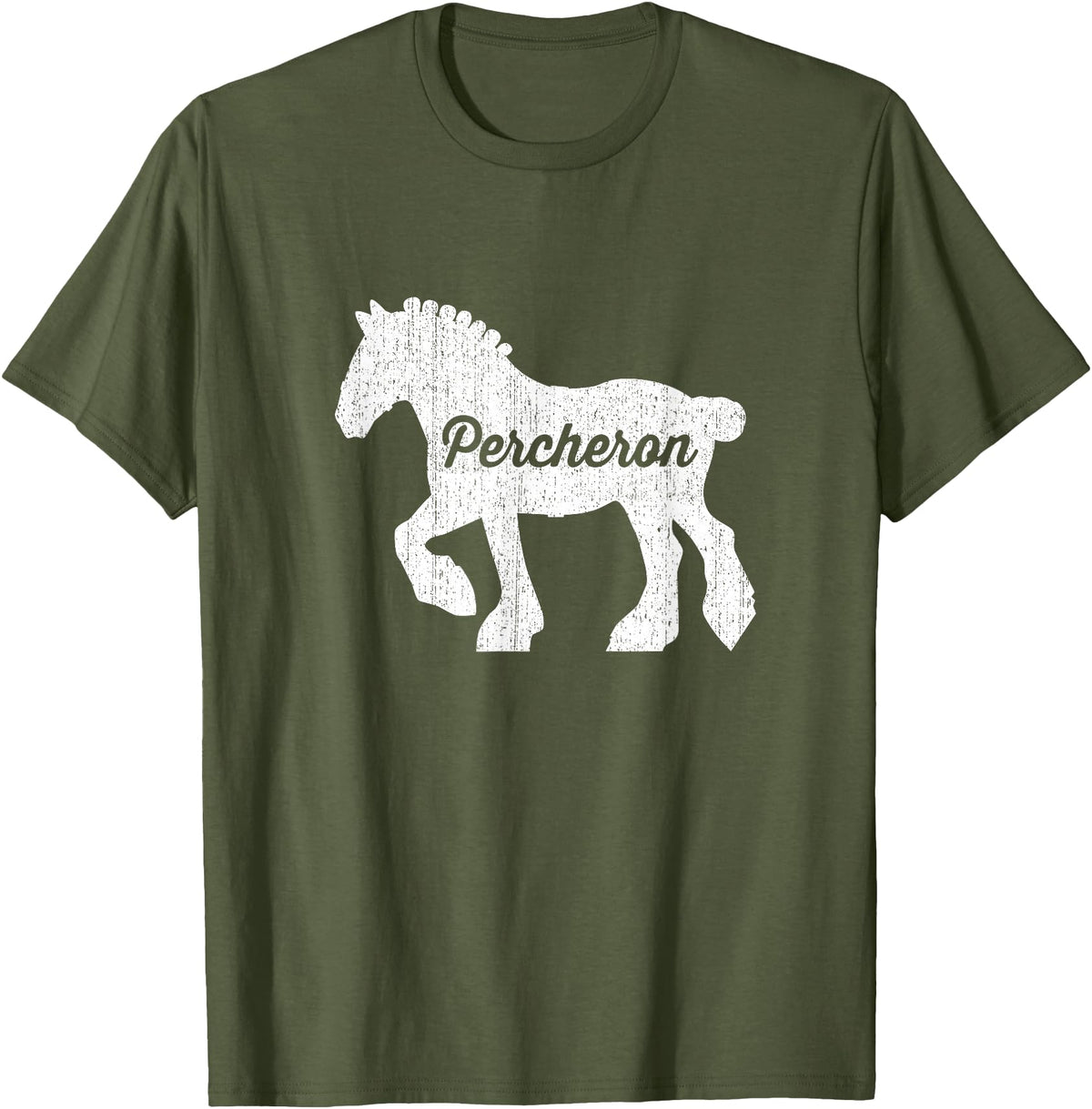 Angry Ant Graphics - Percheron Horse Distressed Silhouette of Percheron Draft Horse T-Shirt - Olive Green