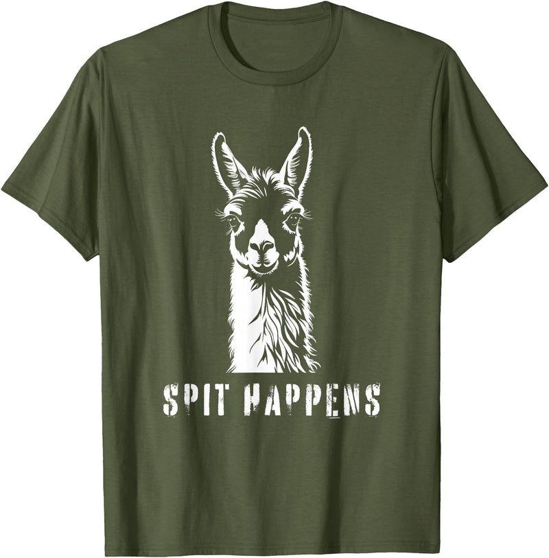 Funny Llama Spit Happens - Llama Drama T-Shirt - Olive Green