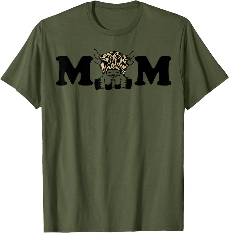 Highland Cattle Corner Messy Bun Life Hair Glasses highland cow mom T-Shirt - Olive Green