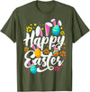 Funny Happy Easter Eggs with Easter Bunny Rabbit Ears T-Shirt in Olive Green