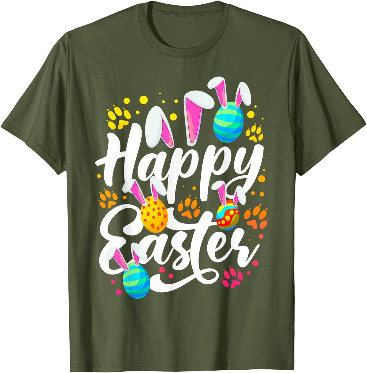 Funny Happy Easter Eggs with Easter Bunny Rabbit Ears T-Shirt in Olive Green
