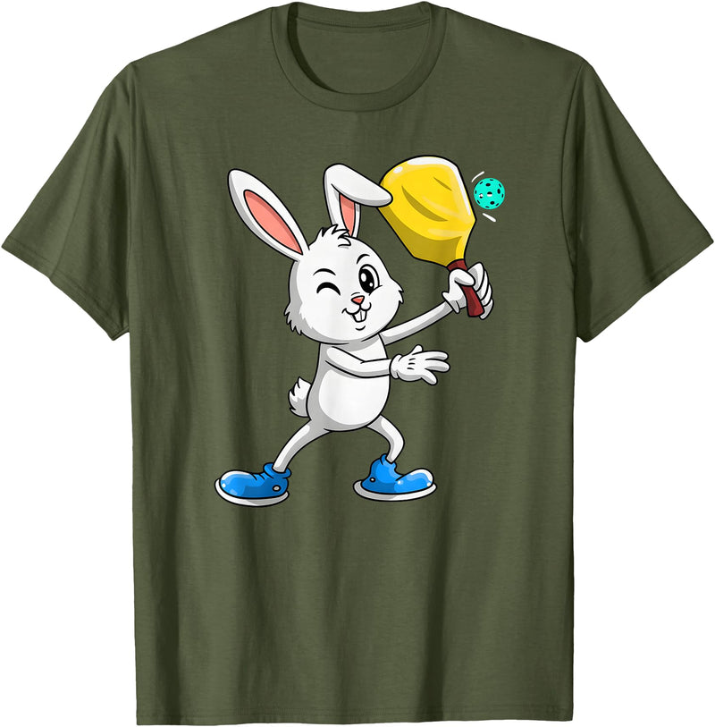 Pickleball Bunny Rabbit Easter Day for Pickleball Player T-Shirt in Olive Green