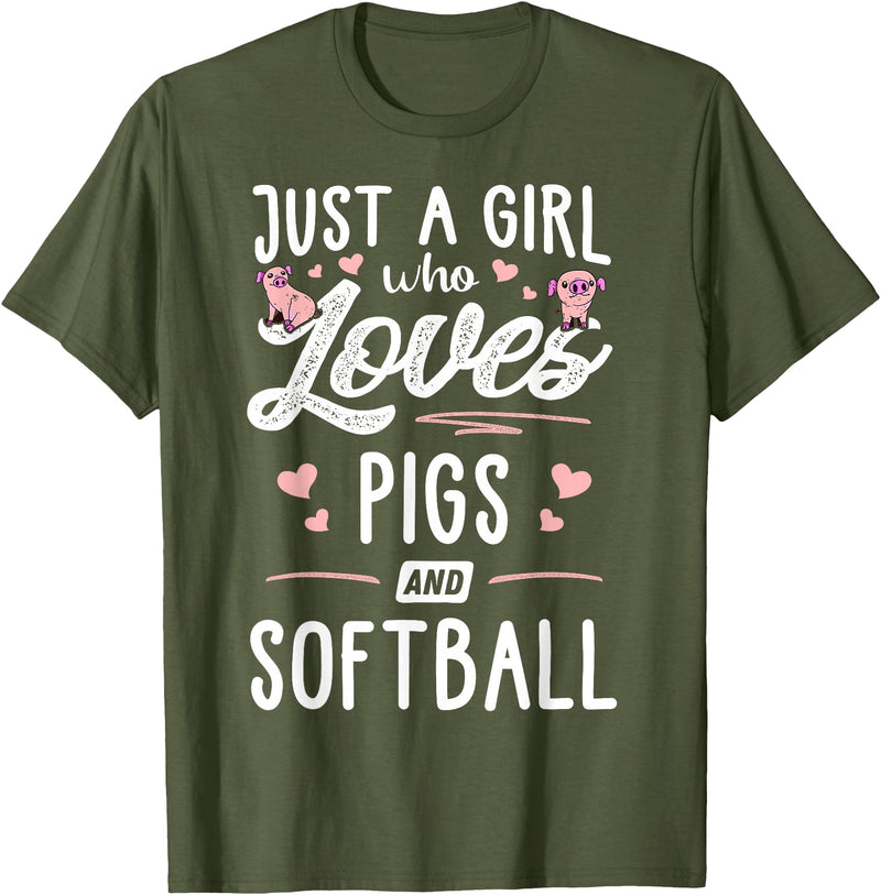Pigs Memme Just A Girl Who Loves Pigs And Softball Gift Women T-Shirt - Olive Green