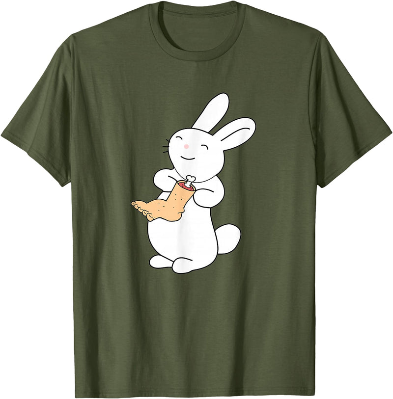 Lucky White Rabbit Human Foot T-Shirt in Olive Green