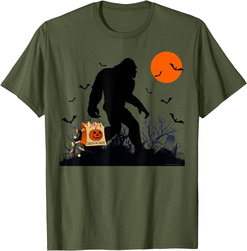 Dibble Dabble Designs Halloween Funny Halloween Bigfoot Trick or Treating - Bigfoot T-Shirt - Olive Green