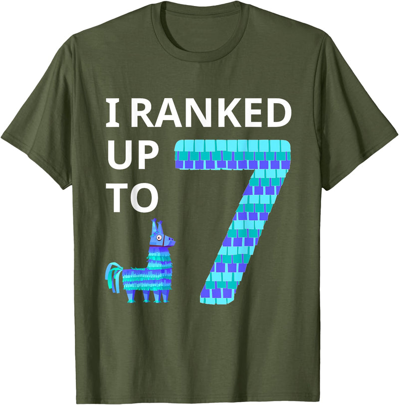 I Ranked Up to 7 Birthday Video Game Llama Piñata Birthday T-Shirt - Olive Green