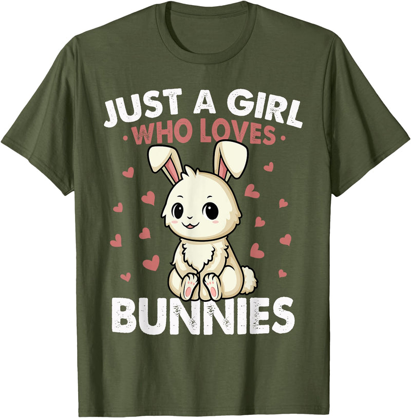 Just a Girl Who Loves Bunnies Kids Girls Rabbit Bunny T-Shirt in Olive Green