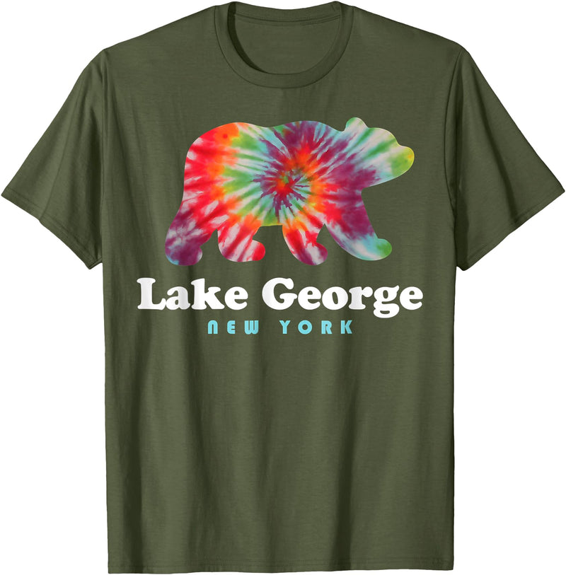 Lake George NY Bear Tie Dye New York Vacation T-Shirt - Olive Green