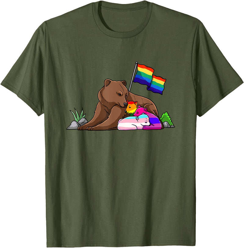 Free Hug LGBT Gay Transgender Pride Support Gift Bear Mom Free Hug LGBT Gay Transgender Pride Accepting Shirt T-Shirt - Olive Green