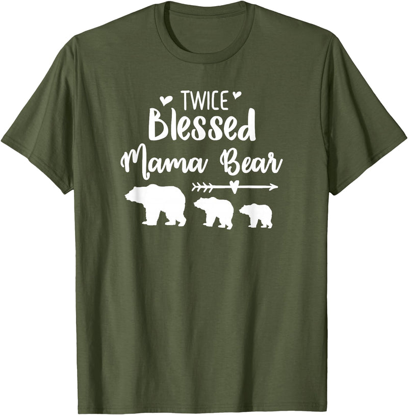My Tribe Bear Shirts Twice Blessed Mama Bear With Two Baby Cubs Bear Shirt T-Shirt - Olive Green