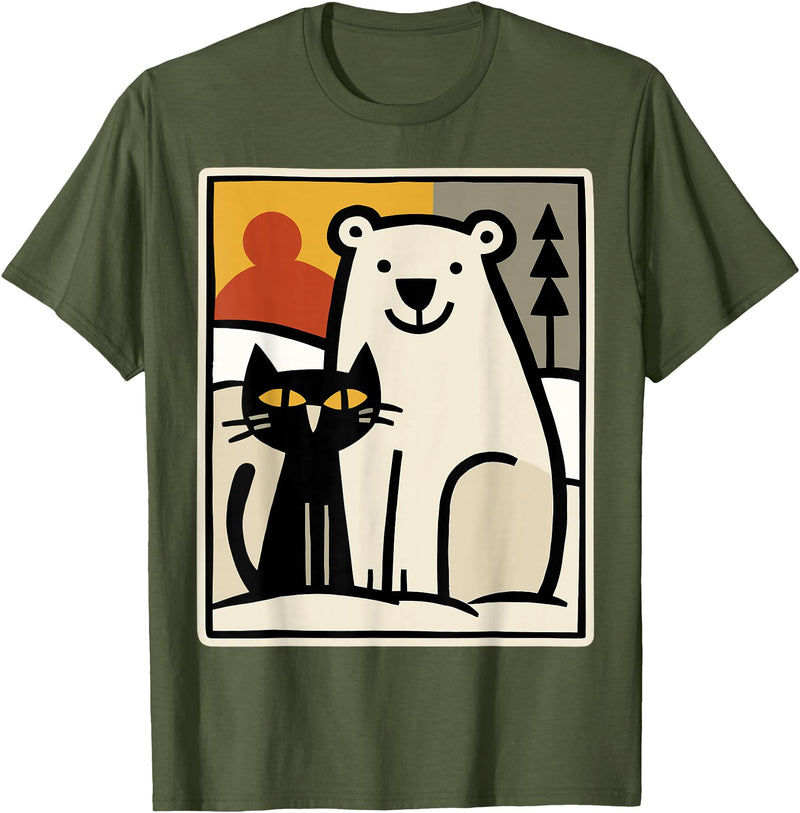 Utschki Bratschki Black Cat and Polar Bear Winter Animal Cute Snow Art T-Shirt - Olive Green