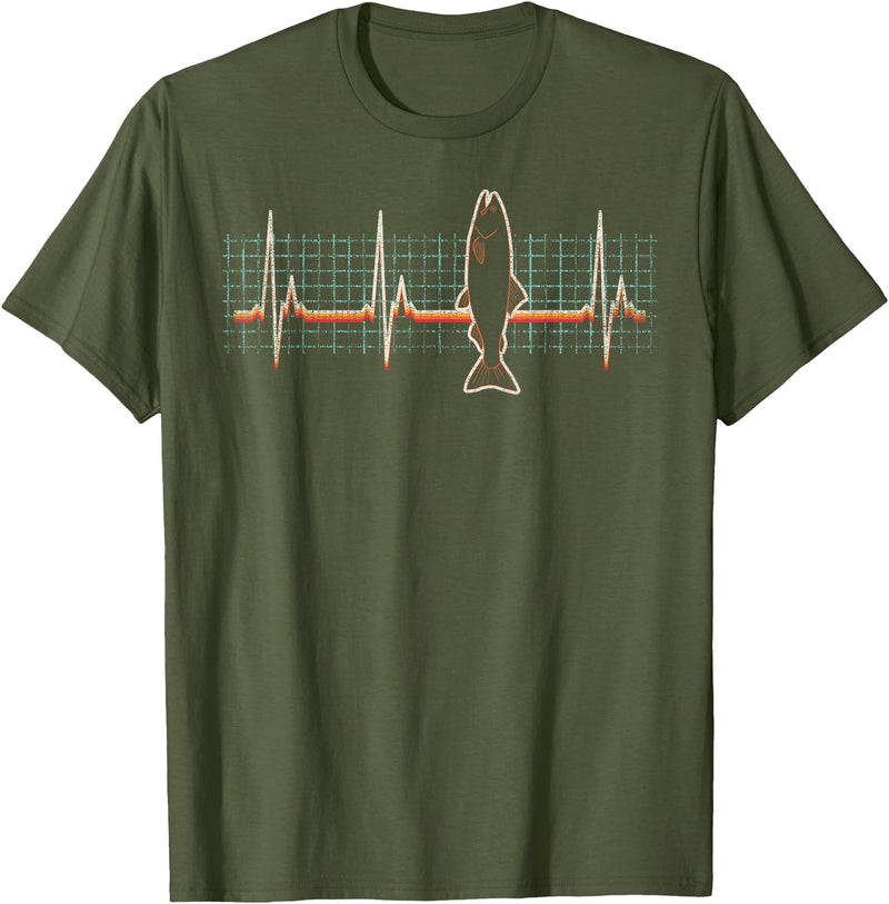 Salmon Fishing Heartbeat Retro Vintage 80s Gift Salmon Fish Retro Heartbeat Vintage 80s Style Gift T-Shirt - Olive Green