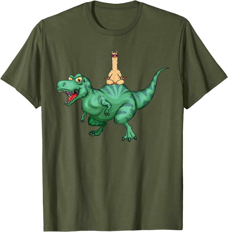 cute funny Llama Gifts and more Alpaca Llama riding Dinosaur T-Rex T-Shirt - Olive Green