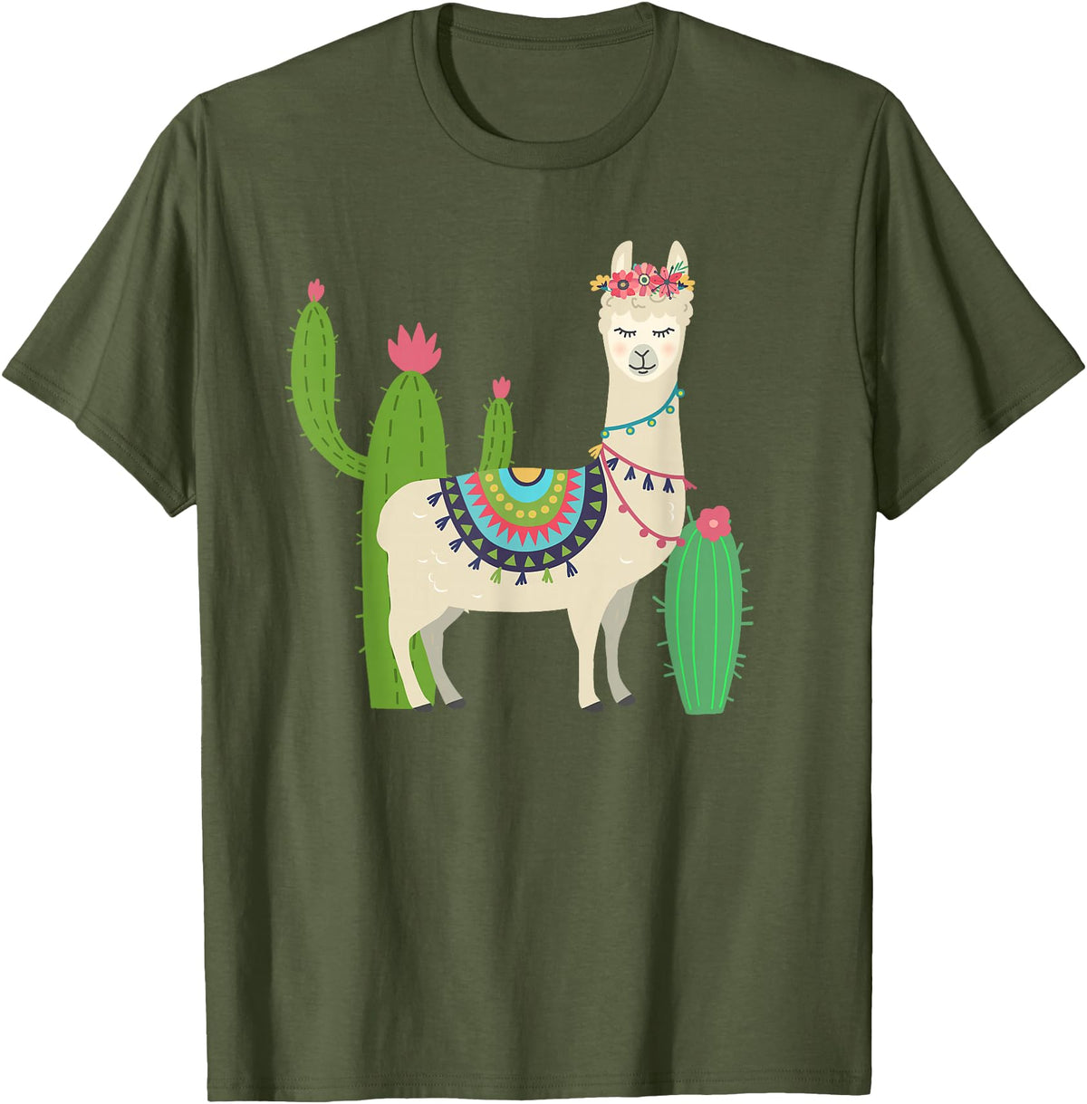Captivaca Llama Shirts Cute Llama with Flower & Cactus/Llama Lover Gift T-Shirt Small - Olive Green