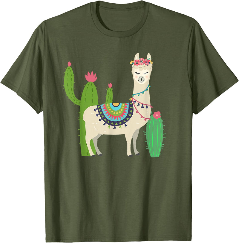 Captivaca Llama Shirts Cute Llama with Flower & Cactus/Llama Lover Gift T-Shirt Small - Olive Green