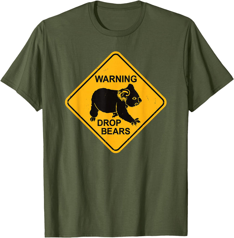 Australia Retro Koala Co. Koala Bear Warning Sign - Drop Bears Funny Koalas Australia T-Shirt - Olive Green
