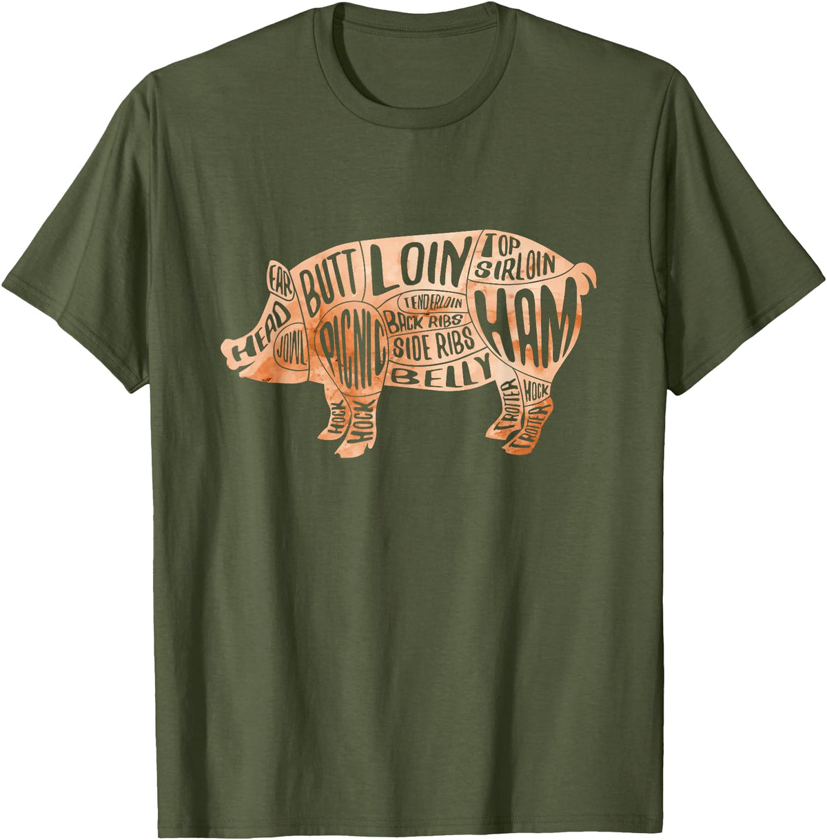 Zone - 365 Pig Pork Diagram Cuts Pig Cuts Butchers And Bacon Parts Pig Day Lovers T-Shirt - Olive Green