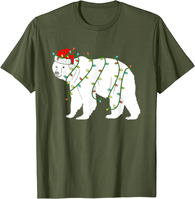 Funny Christmas Polar Bear Holiday Gifts Polar Bear Christmas Santa Hat Lights Xmas Gifts T-Shirt - Olive Green