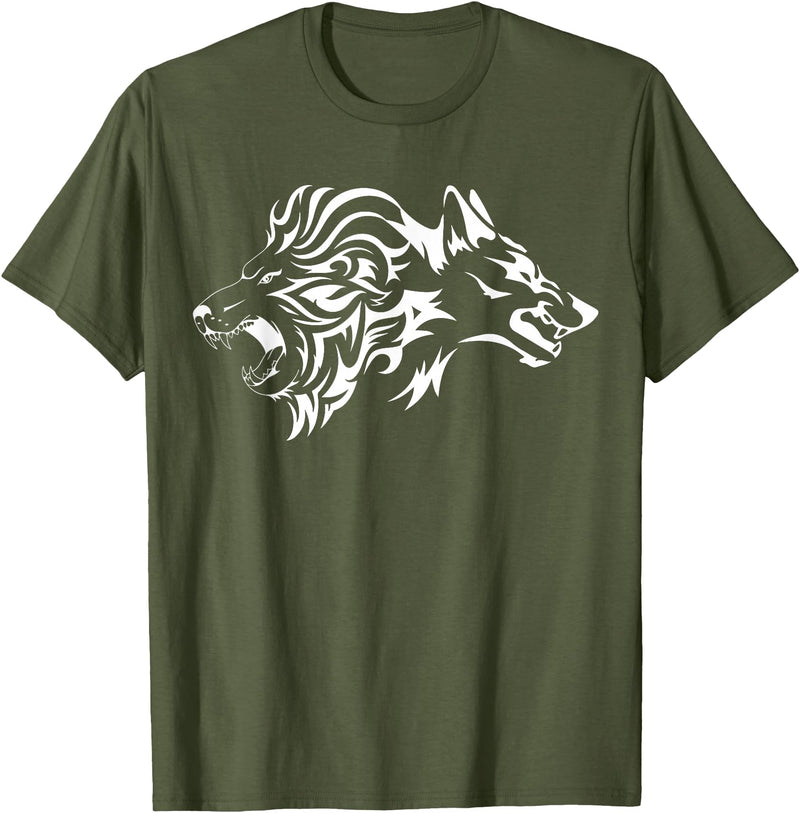 Wilder Löwe und Wolf von FT Designs Wild Lion and Wolf T-Shirt - Olive Green