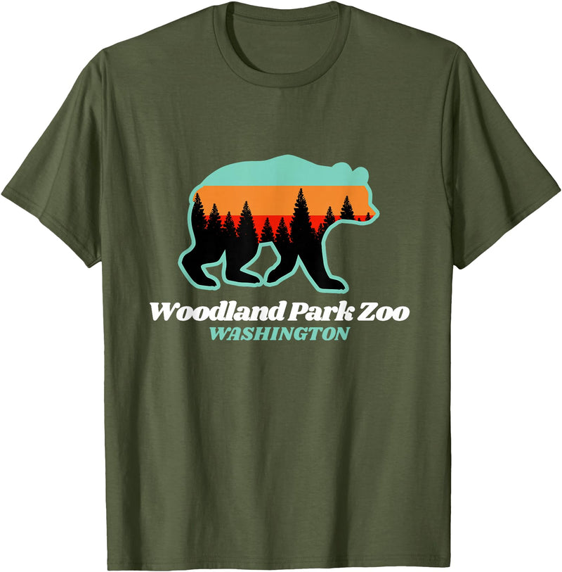 Retro Vintage WA Summer Camping & Hiking Souvenir Woodland Park Zoo Washington Tourist T-Shirt - Olive Green