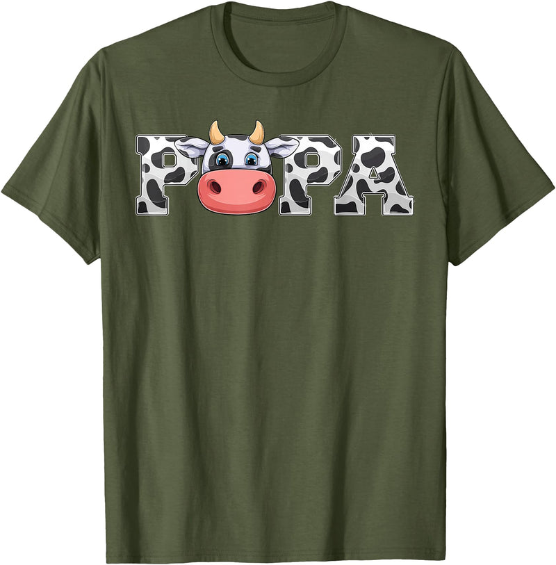 ETHRLO cow im one birthday decorations Shirts Papa Cow Print Cowboy Animal Pattern Farmer Cow Father Papa T-Shirt - Olive