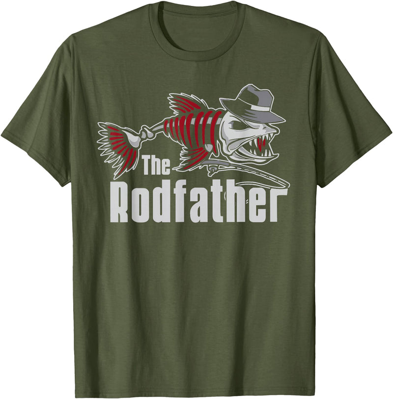 Funny Fishing The Rodfather Tee Shirt - Unisex Adults - Black - Small - Short Sleeve - Classic Fit - Modern Classic - Fishing T-Shirt - Olive Green