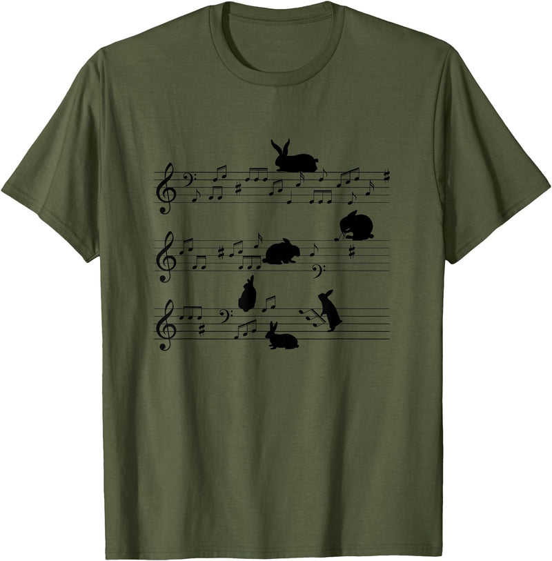 Cute Bunny Rabbit Playing Music Notes Musician T-Shirt in Olive Green