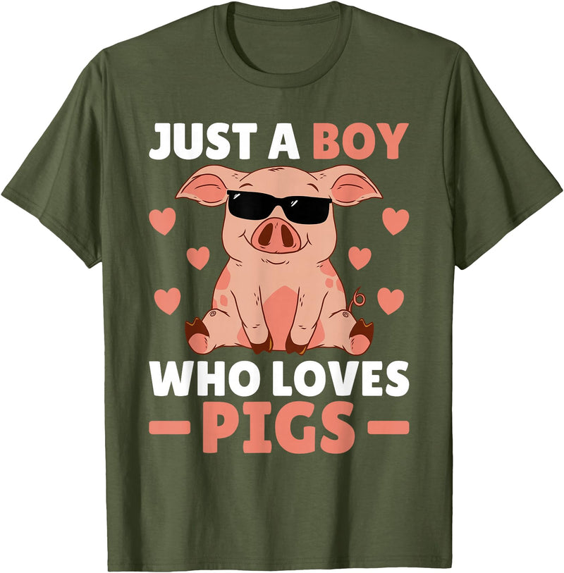 Funny Pig Clothes & Outfits For Men, Boys Or Kids Just A Boy Who Loves Pigs Men Pig Lovers Pig Stuff Farmer T-Shirt - Olive Green