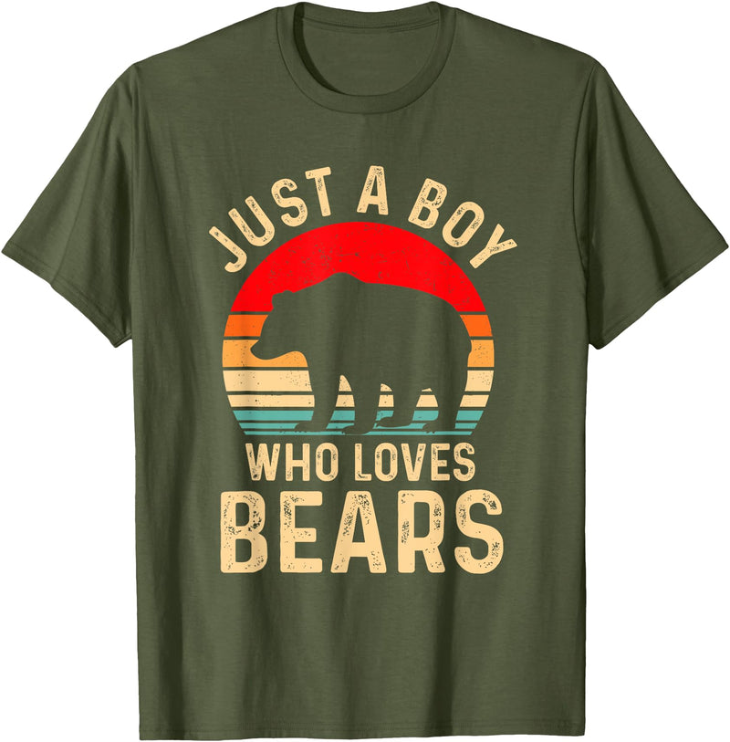 Bear Lover Tee For Boys Bear Boys Apparel Just a Boy Who Loves Bears Animal Lover T-Shirt - Olive Green