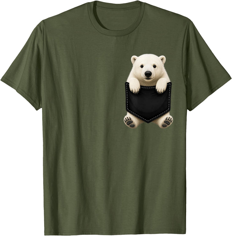 Funny Polar Bear in Pocket Polar Bear Lover Cute Pocket T-Shirt - Olive Green