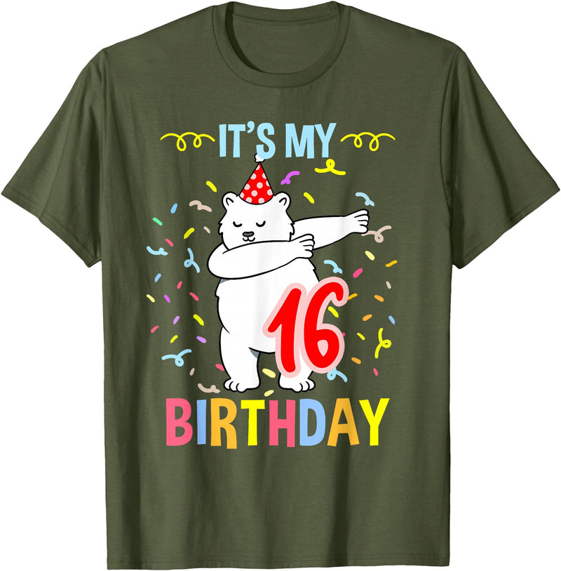 Hiking Lover Design Its My 16th Birthday Dabbing Polar Bear T-Shirt - Olive Green