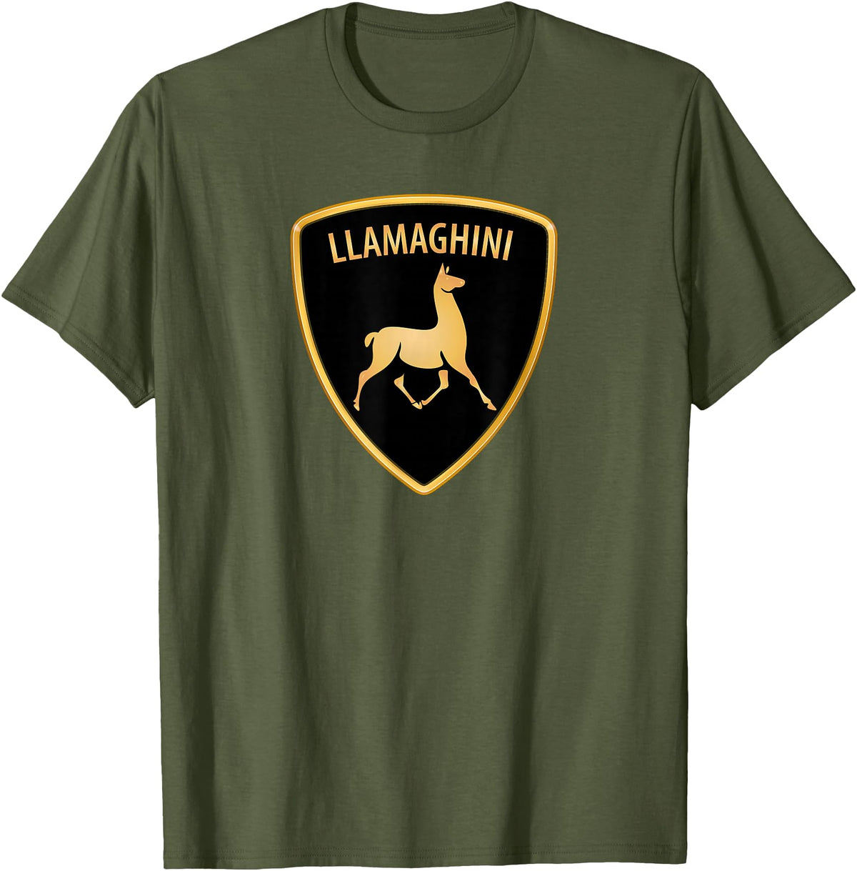 Llamaghini Apparel Co Llamaghini Funny Hillarious Llama Emblem Parody Fun Design T-Shirt - Olive Green