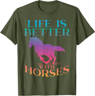 Horse Riding Shirts Women Girls Equestrian Gifts Life Is Better With Horses Rider Equestrian Men Women T-Shirt - Olive Green