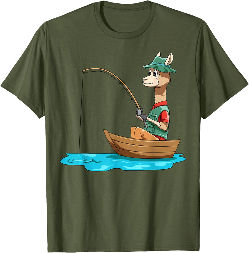 SubliminalFantasy Co. Llama Fishing Llama Fisherman Boat Fishing Lovers T-Shirt - Olive Green