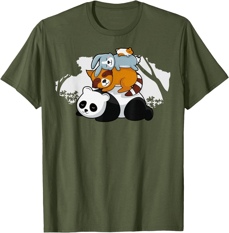 Panda Raccoon Rabbit Hamster Pyramid Cute Sleeping Animals T-Shirt in Olive Green