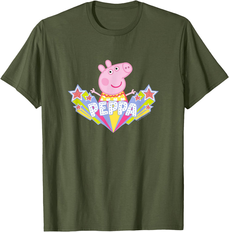 Peppa Pig Shooting Stars Cute Retro Logo T-Shirt - Olive Green