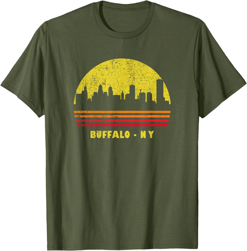 Wowsome! Vintage Retro Sunset Buffalo NY Skyline T-Shirt - Olive Green