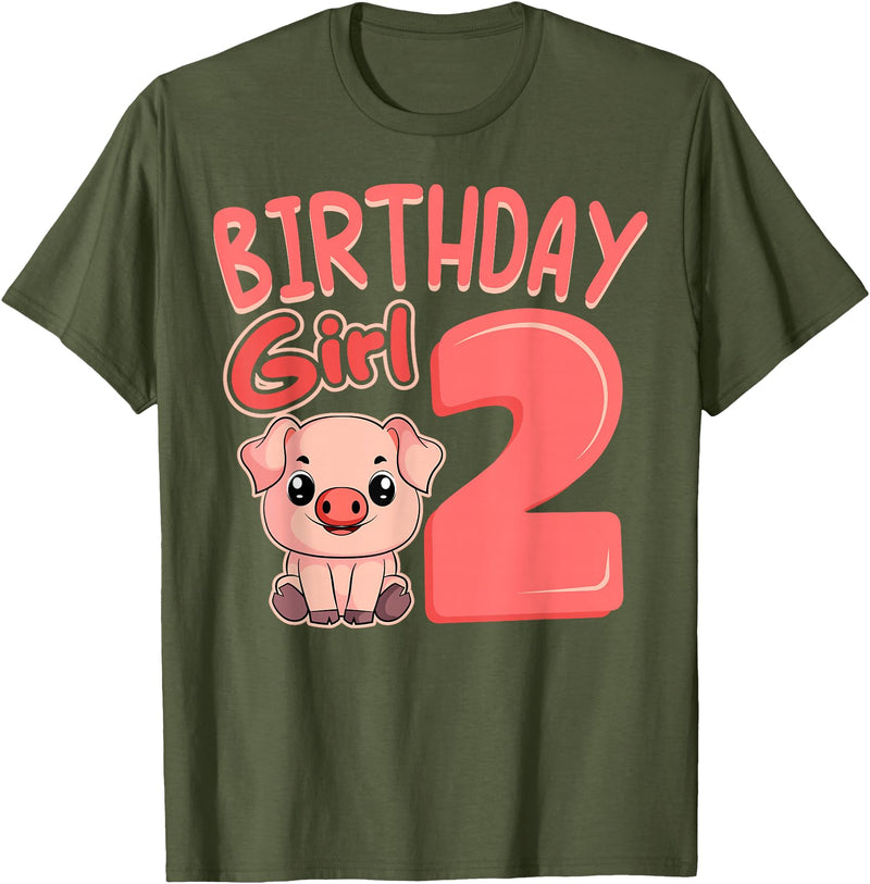 Pig Birthday 2 Cute Girl Farm Party Apparel Pig 2nd Birthday Girl Party Oink Farm Hog Farmyard Piggy T-Shirt - Olive Green