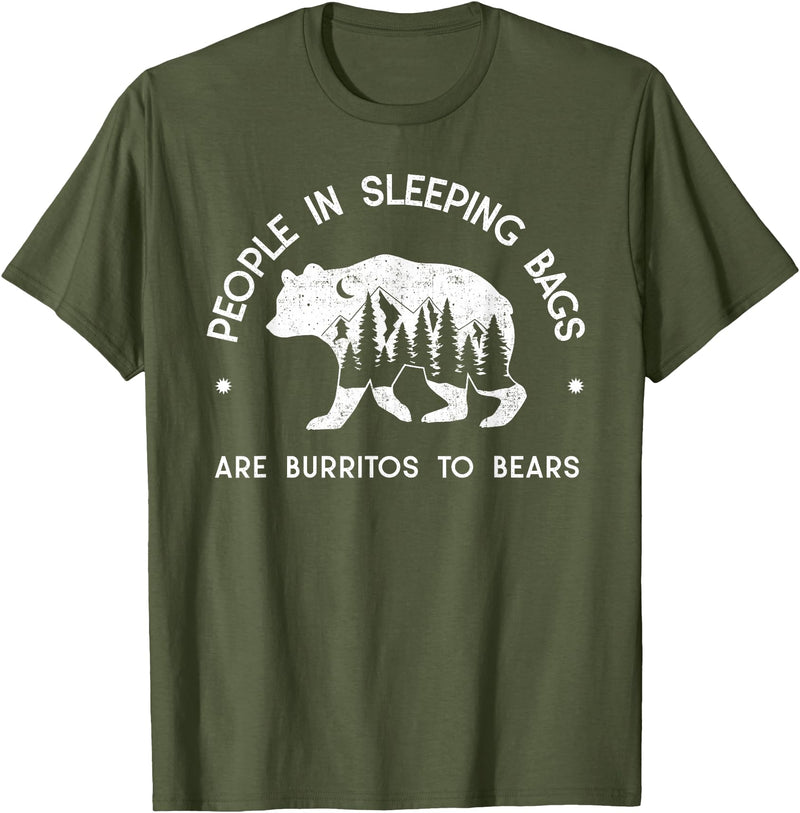 IN NATURE DESIGN CO. PEOPLE IN SLEEPING BAGS ARE BURRITOS TO BEARS T-Shirt - Olive Green
