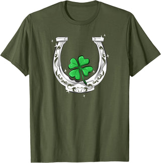 Lucky Clover Horses Co Horseshoe Lucky Four Leaf Clover Horse T-Shirt - Olive Green