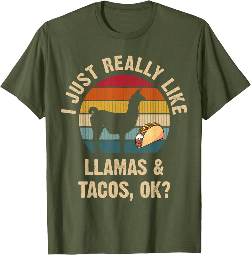 Llamas and Taco Lover Gifts Vintage Retro Style Llamas and Tacos lover Cinco de mayo Taco Tuesday Cute T-Shirt - Olive Green