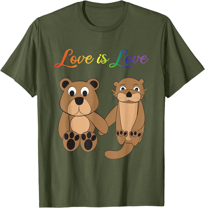 Kaisi-LGBT Gay Bi Gay Lesbian Otter Csd Queer Love Is Love Bear, Otter, Rainbow LGBT Diversity Drawing T-Shirt - Olive Green