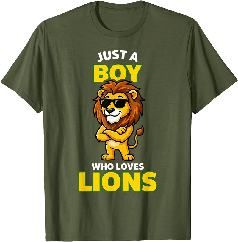 Lion King of the Jungle Safari Wildlife Zoo Gifts Cool Lion in Sunglasses Just A Boy Who Loves Lions T-Shirt - Olive Green